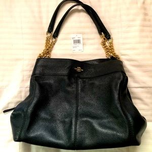Coach Black Leather Bag with Luxury Gold Chain Detail, Magnetic Closure & Zipper
